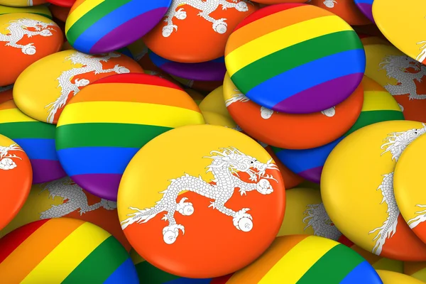 Conceito de Direitos Gays do Butão - Bandeira do Butão e emblemas de orgulho gay Ilustração 3D — Fotografia de Stock