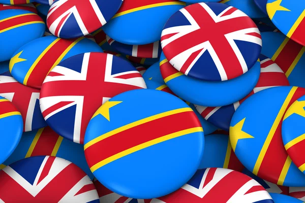 DR Congo and UK Badges Background - Pile of Congolese and British Flag Buttons 3D Illustration — Stock Photo, Image