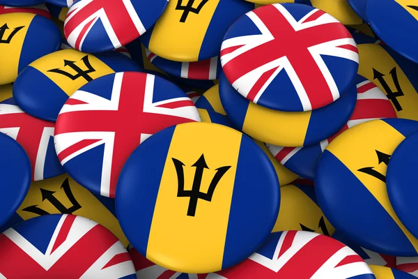 巴巴多斯和英国徽章背景 - 巴巴多斯和英国国旗按钮3d插图 — 图库照片