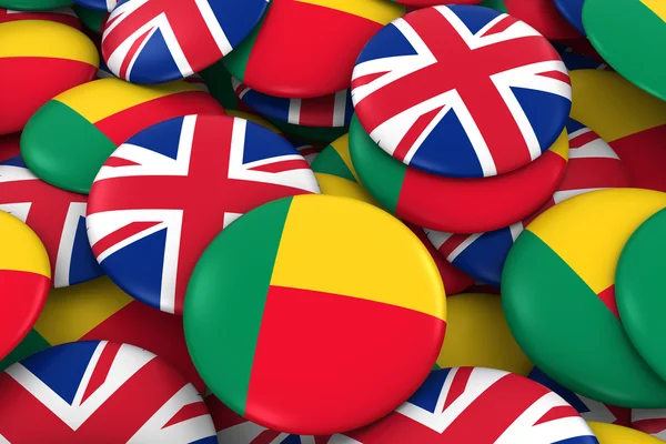 Antecedentes de las insignias de Benín y Reino Unido - Pila de botones de bandera beninesa y británica Ilustración 3D — Foto de Stock