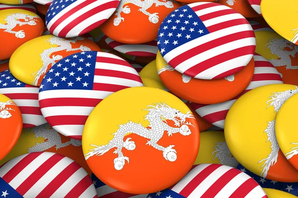 Spojené státy americké a bhútánský Badges pozadí-hromada amerických a bhutanových knoflíků 3D ilustrace — Stock fotografie