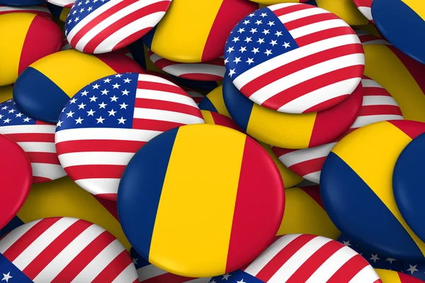USA a Chad Badges pozadí-hromádka amerických a Chadských knoflíků 3D ilustrace — Stock fotografie