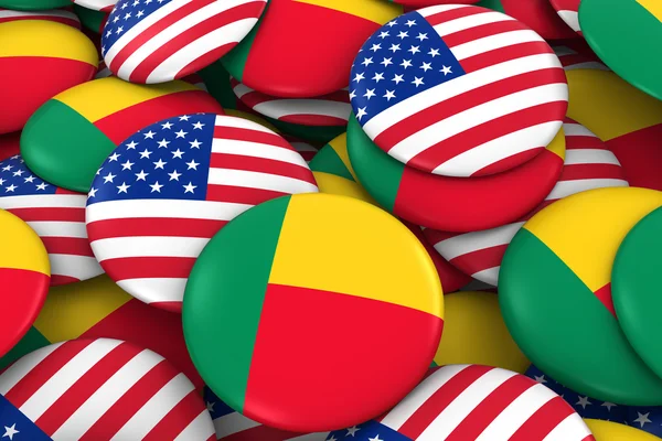 USA a Benin Badges Background-hromádka amerických a Beninijské vlajky tlačítka 3D ilustrace — Stock fotografie
