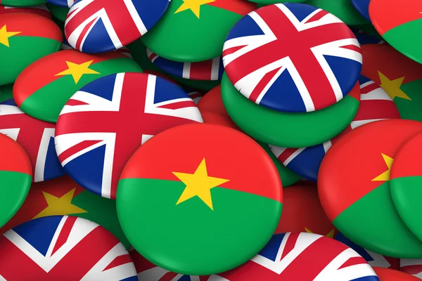 Burkina Faso and UK Badges Background - Pile of Burkinabe and British Flag Buttons 3D Illustration — Stock Photo, Image