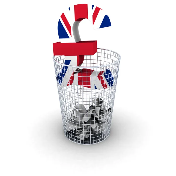 Verspillen geld Concept - Britse vlag pond symbool in Bin — Stockfoto