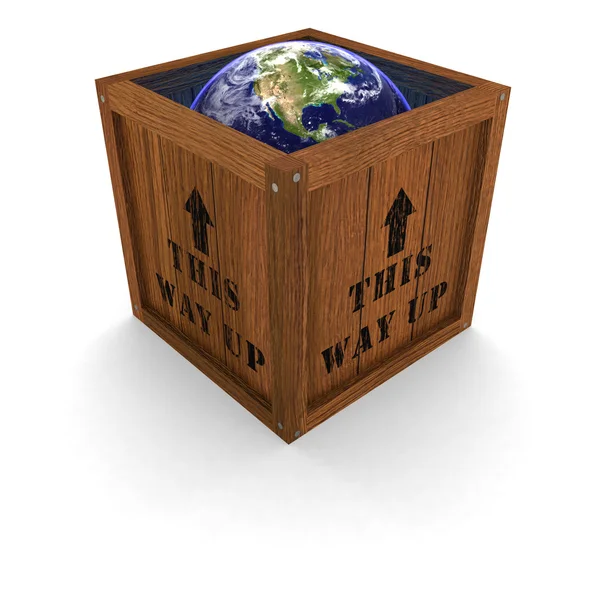 Earth in Wooden Box - This Way Up — Stock Photo, Image