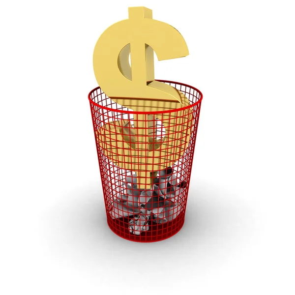 Wasting Money Concept - Gold Dollar Symbol in Trash Can — Stock Photo, Image