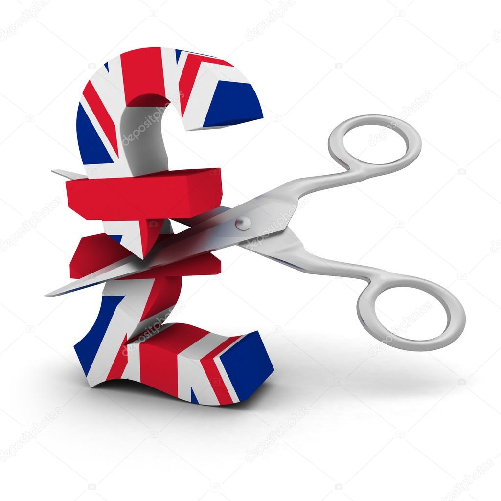 Price Cut Concept - UK Flag Pound Symbol with Scissors