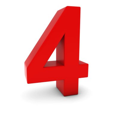 Kırmızı 3d numarası dört izole beyaz gölgeler