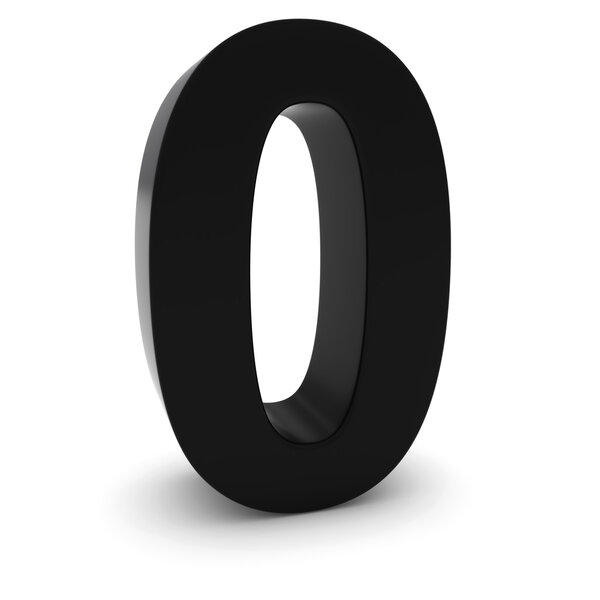 Black 3D Number Zero Isolated on white with shadows