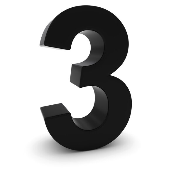 Black 3D Number Three Isolated on white with shadows