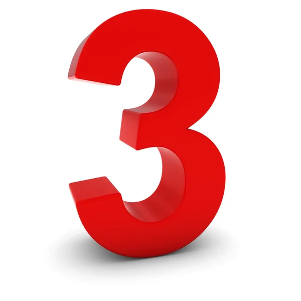 Red 3d nummer drie geïsoleerd op wit met schaduwen — Stockfoto