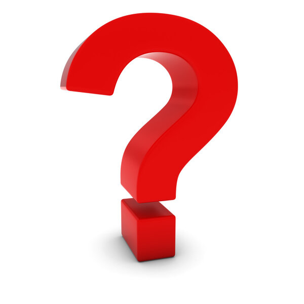 Красный знак вопроса 3D изолированный на белом с тенями
