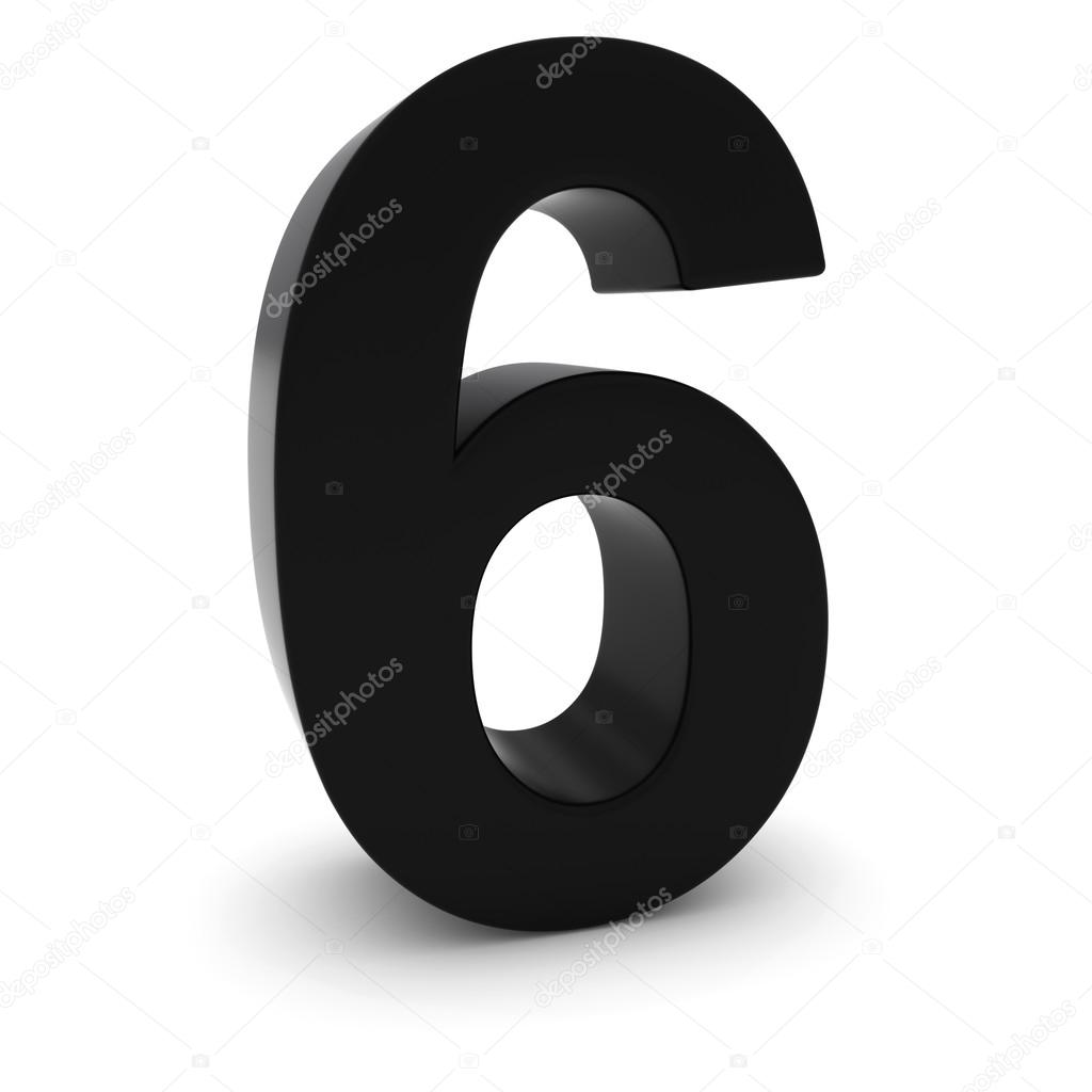 Black 3D Number Six Isolated on white with shadows