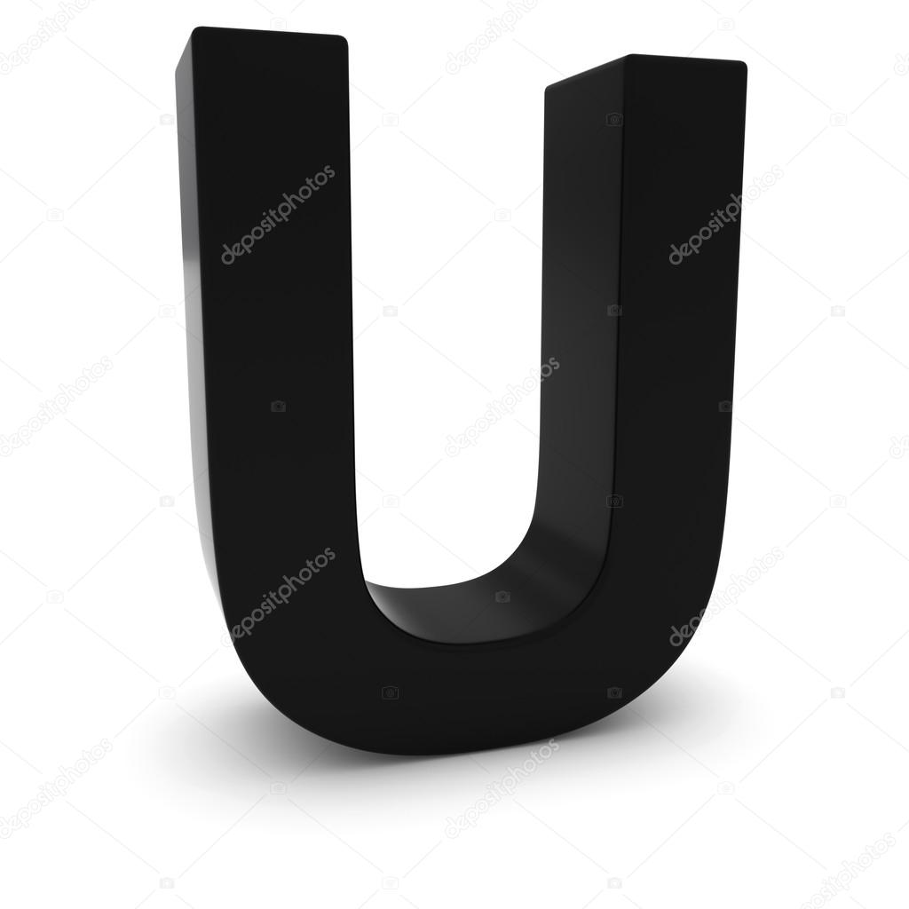 Black 3D Uppercase Letter U Isolated on white with shadows