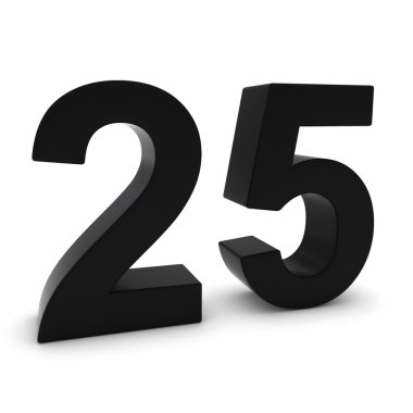 3D sayısı yirmi beş izole gölgeler ile beyaz üzerine siyah