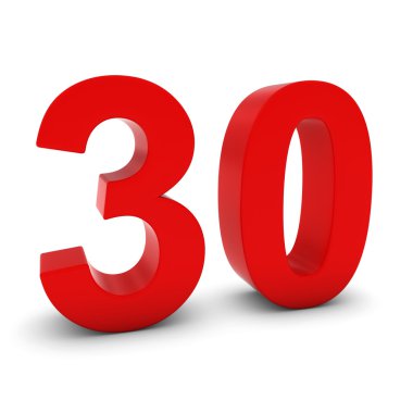 Kırmızı 3d numarası otuz izole beyaz gölgeler