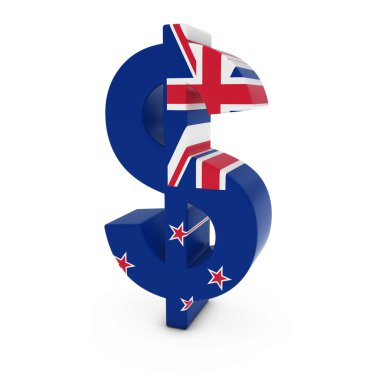 Yeni Zelanda bayrağı izole beyaz arka plan üzerinde ile dokulu Doları sembolü