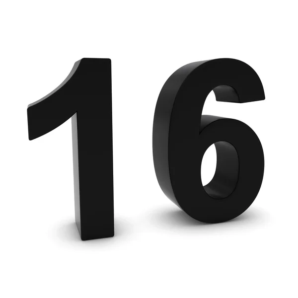 Μαύρο 3d αριθμό δεκαέξι απομονωθεί σε λευκό με σκιές — Φωτογραφία Αρχείου