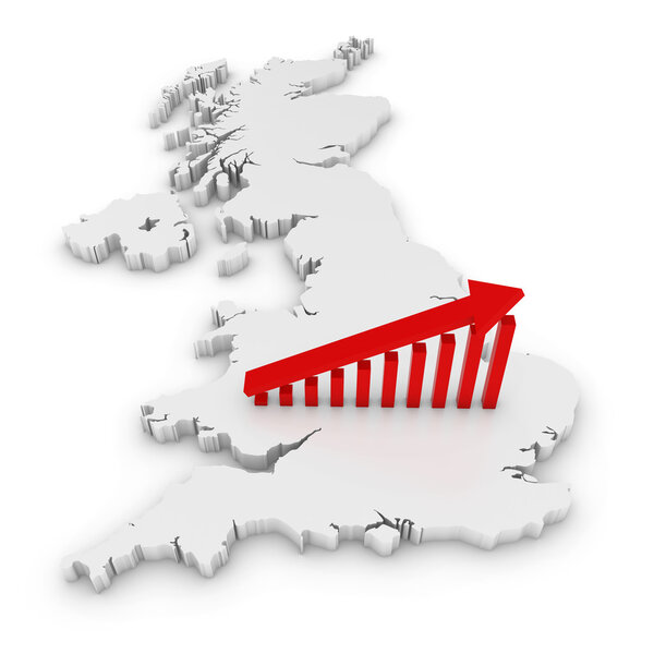 British Economic Growth Concept Image - Upward Sloping Graph on White 3D Outline of the United Kingdom