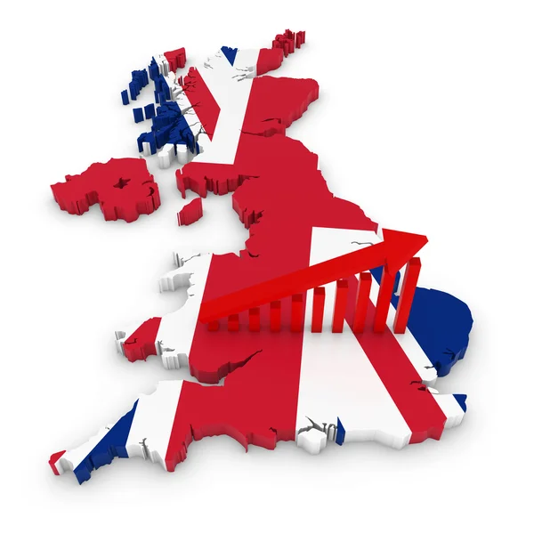 Británico económico crecimiento concepto imagen - gráfico de pendiente ascendente en contorno 3d del Reino Unido con textura con la bandera Union Jack — Foto de Stock