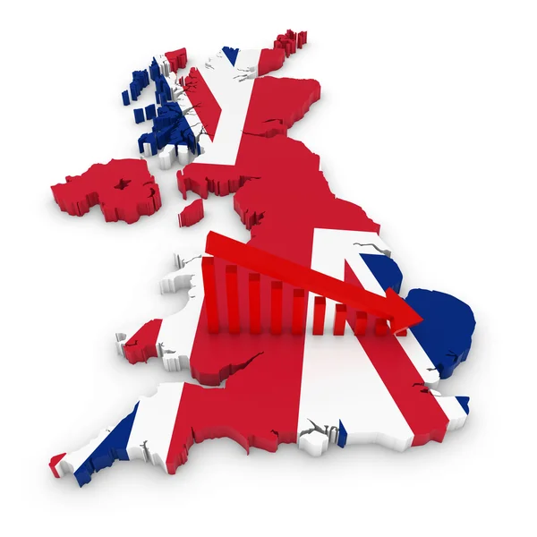 Britse economische daling Concept Image - neerwaartse hellende grafiek over 3d schets van het Verenigd Koninkrijk getextureerde met de Union Jack vlag — Stockfoto