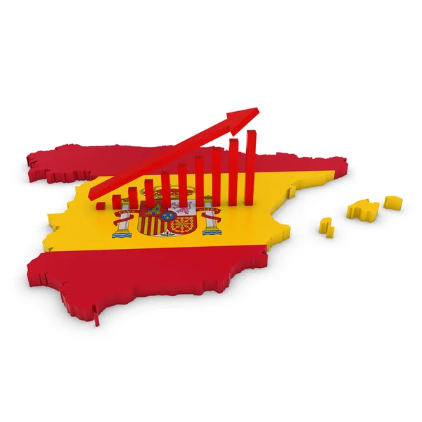 Imagen del concepto de crecimiento económico español - Gráfico ascendente inclinado en 3D Esquema de España texturizado con la bandera española — Foto de Stock