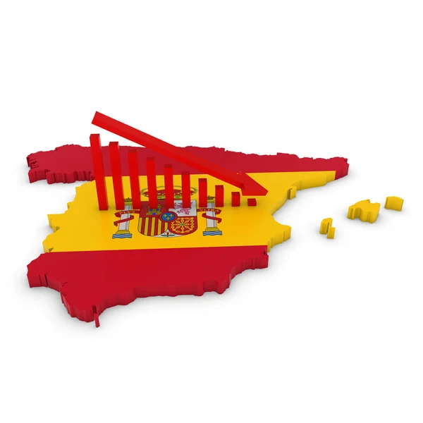 İspanyol ekonomik düşüş kavramı görüntü - aşağı doğru eğimli grafik 3d anahat İspanyol bayrağı ile dokulu İspanya üzerinde — Stok fotoğraf