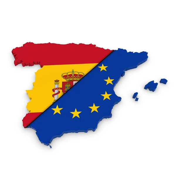 Spanska och Europeiska unionens Relations Konceptbild-3D-översikt av Spanien texturerat med blandning av spanska och EU-flaggor — Stockfoto