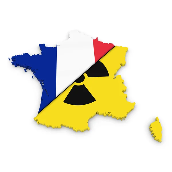 Imagen del concepto de programa nuclear francés - Esquema 3D de Francia texturizado con bandera francesa dividida y símbolo de radiación —  Fotos de Stock