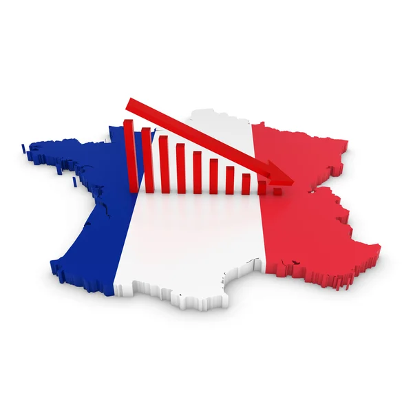 Image conceptuelle du déclin économique français - Graphique en pente descendante sur contour 3D de la France texturé avec le drapeau français — Photo