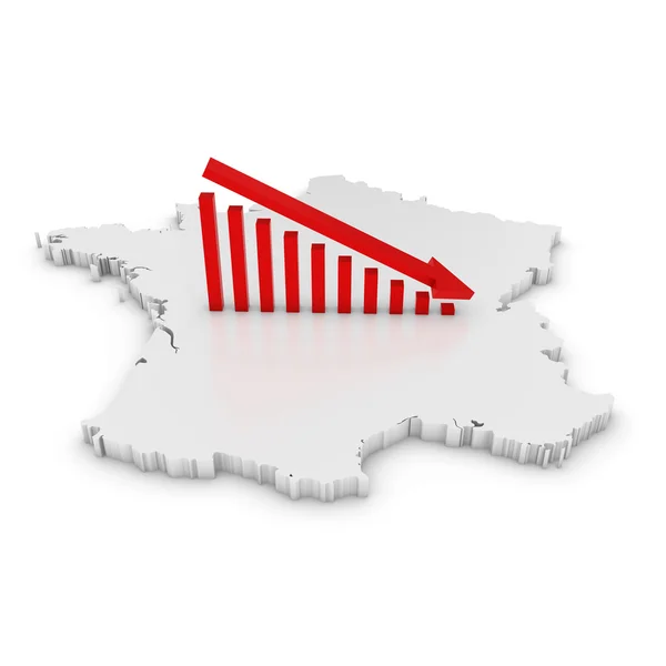 French Economic Decline Concept Image - Downward Sloping Graph on White 3D Outline of France — Stock Photo, Image