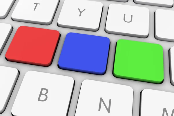Teclas de computador em branco de três cores para edição no teclado branco — Fotografia de Stock