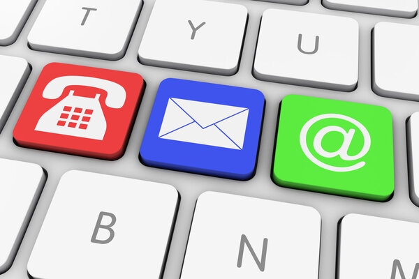 Coloured Phone / Mail / Email Contact Icons Computer Keys on White Keyboard
