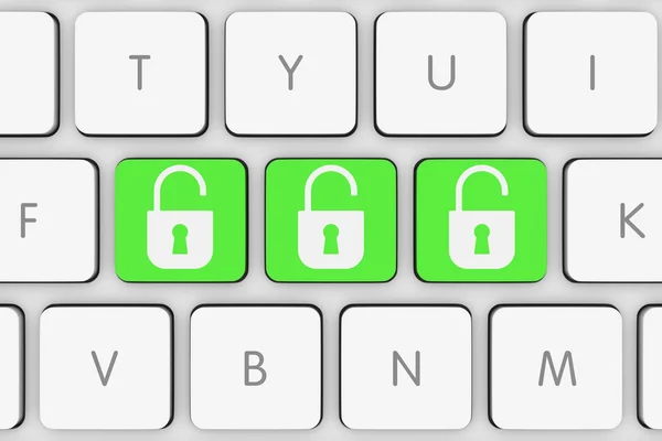 Groene ontgrendeld hangslot pictogrammen op witte computertoetsenbord — Stockfoto