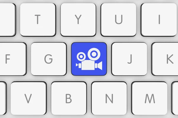 Botón icono de la cámara de vídeo azul en el teclado del ordenador blanco — Foto de Stock