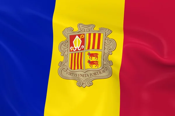 Bandera ondeante de Andorra - Representación 3D de la Bandera de Andorra con Textura Seda — Foto de Stock