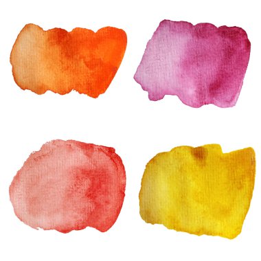 Bir dizi suluboya fırça darbeleri, leke. Beyaz arka planda lekeler var. Suluboya dokusu