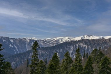 Kafkas dağlarının karlı zirveleri. Adigea Cumhuriyeti. Rusya