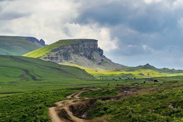 Bulutlu ve mavi gökyüzü manzaralı. Bermamyt Platosu. Rusya.