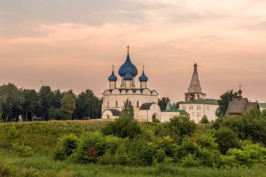 Suzdal Kremlin. Theotokos 'un İsa' nın Doğuşu Katedrali bir yaz akşamının gün batımında. Rusya