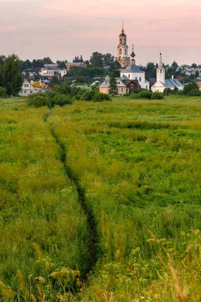 Paisaje Rústico Con Una Iglesia Camino Través Campo Suzdal Rusia — Foto de Stock