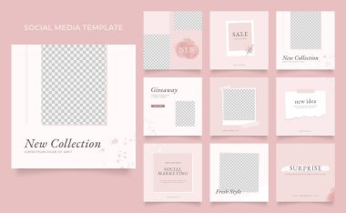 Sosyal medya afiş satış promosyonunu tasvir ediyor. Tamamen düzenlenebilir Instagram ve Facebook kare kare kare kare kare kare kare kare yapboz organik satış posteri. kırmızı pembe beyaz renkli kağıt doku vektör arkaplanı