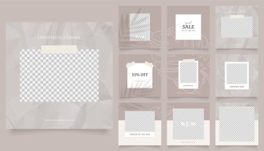 Sosyal medya afiş satış promosyonunu tasvir ediyor. Tamamen düzenlenebilir Instagram ve Facebook kare kare kare kare kare kare kare kare yapboz organik satış posteri. kahverengi bej vektör arkaplanı