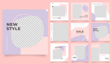 Sosyal medya afiş satış promosyonunu tasvir ediyor. Tamamen düzenlenebilir Instagram ve Facebook kare kare kare kare kare kare kare kare yapboz organik satış posteri. pembe mor vektör arkaplanı