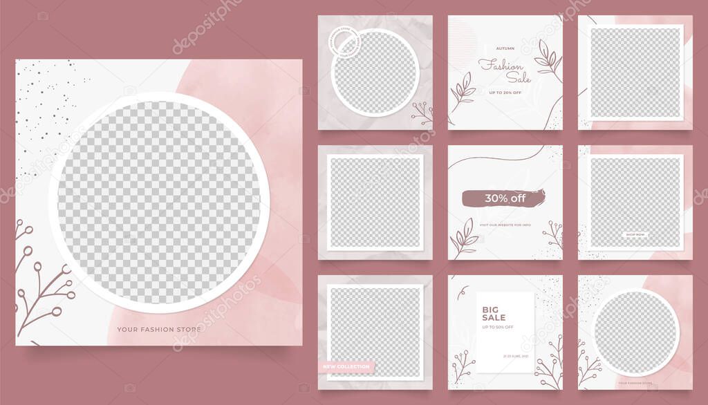 social media template banner fashion sale promotion. fully editable instagram and facebook square post frame puzzle organic sale poster. floral red pink vector background