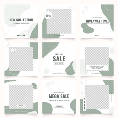 Sosyal medya afiş satış promosyonunu tasvir ediyor. Tamamen düzenlenebilir Instagram ve Facebook kare kare kare kare kare kare kare kare yapboz organik satış posteri. yeşil vektör arkaplanı