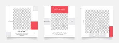 Dijital pazarlama ve satış tanıtımı için sosyal medya şablonu. kırmızı beyaz web pankartı reklamı. Tanıtım teklifi Model fotoğraf vektör çerçevesi