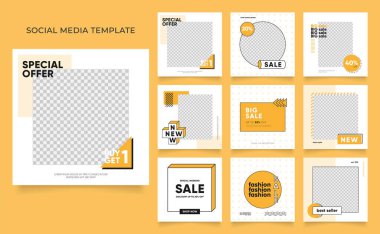 Sosyal medya, blog satış promosyonunu tasvir ediyor. Tamamen düzenlenebilir Instagram ve Facebook kare kare kare kare kare kare kare kare yapboz organik satış posteri. taze sarı element şekil vektör arkaplanı