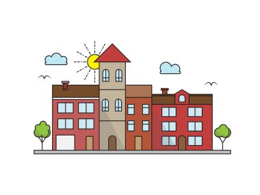 Vector city landscape illustration in linear style - buildings and clouds